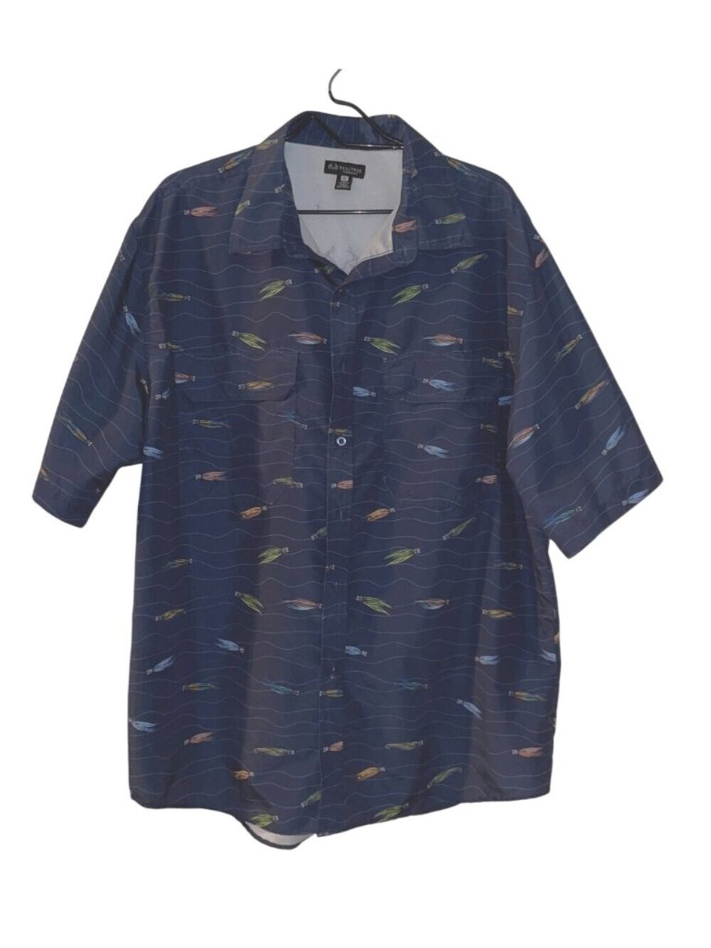 Realtree Fishing Men's XL Short Sleeve Shirt, Lure Pattern Navy, Pockets, Mesh
